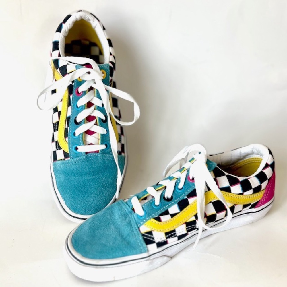 Vans. Blue, Yellow & Magenta Black & White Checker Old School Sneakers - Picture 2 of 7